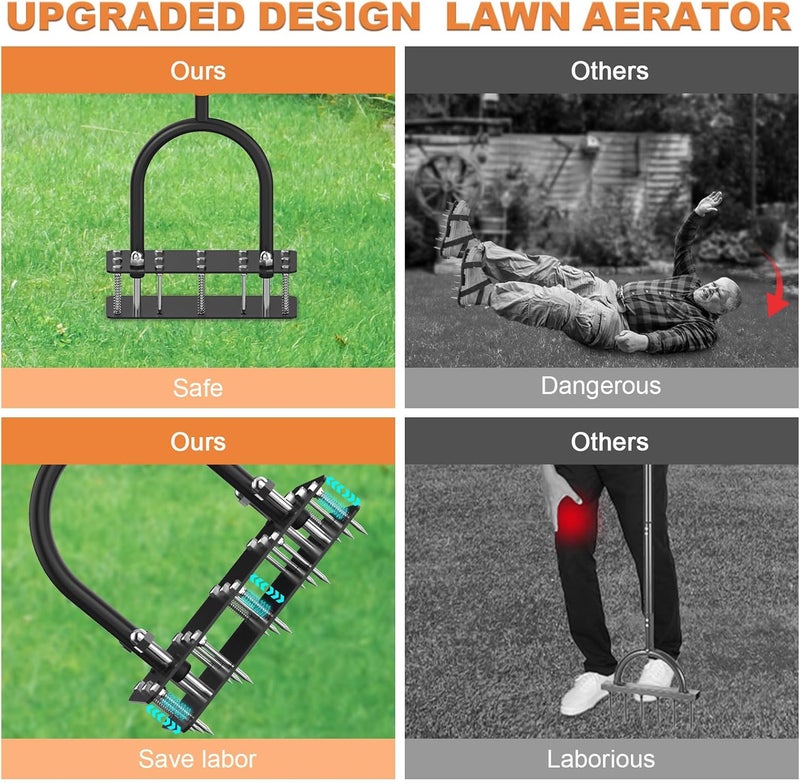 GAINO Lawn Aerator & Aerator Lawn Tool - Manual Yard Aerator for Lawn with 15 Spikes, Automatic Dirt and Leaf Clean Design, Adjustable T-Handle, Pre-Assembled Lawn Aerator Tools (Black + Orange) - Image 3